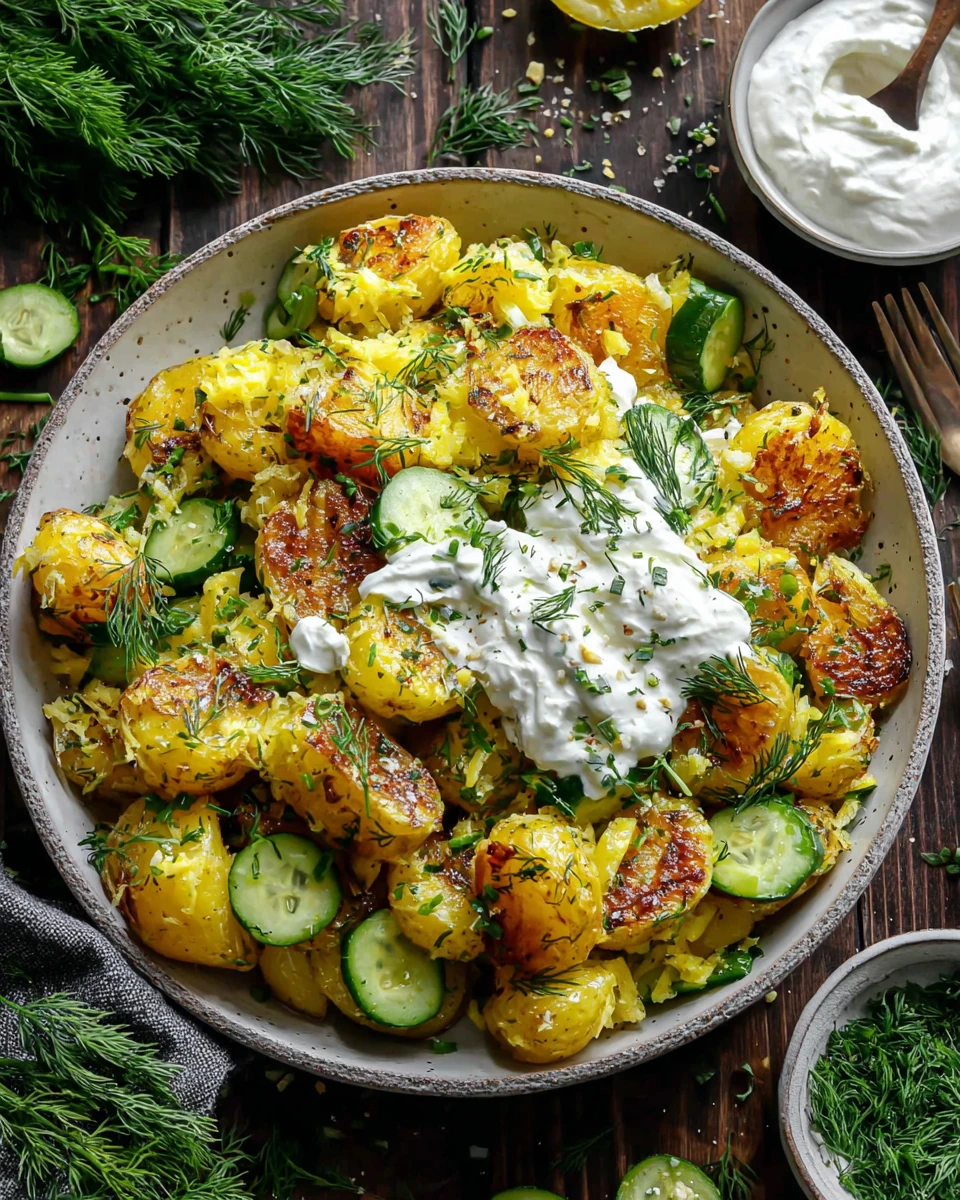 Crunchy Potato Salad with Roasted Potatoes and Fresh Herbs Crunchy potato salad with roasted potatoes, herbs, and creamy dressing in a speckled bowl