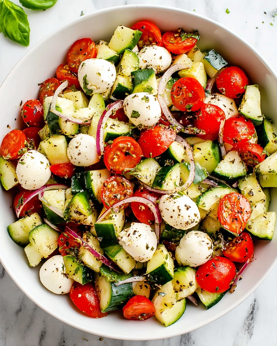 Cucumber caprese salad with tomatoes, mozzarella, and herbs in a white bowl