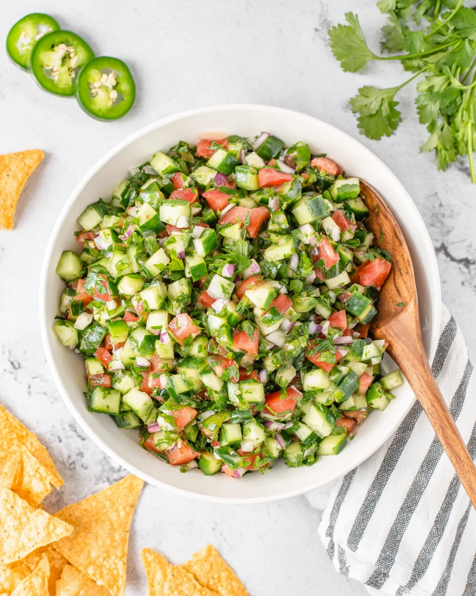 Cucumber pico de gallo in a white bowl with tortilla chips and jalapeño slices