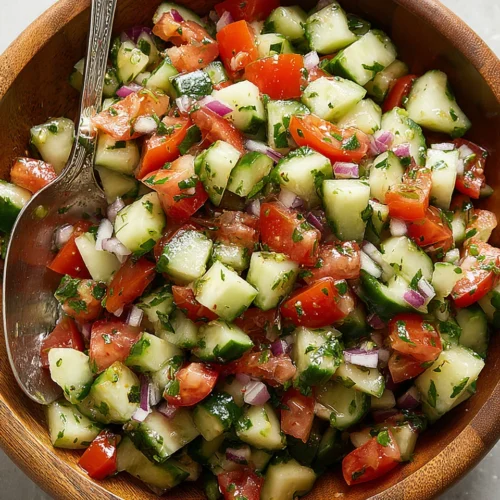 Fresh cucumber tomato salad with herbs and red onion in a wooden bowl