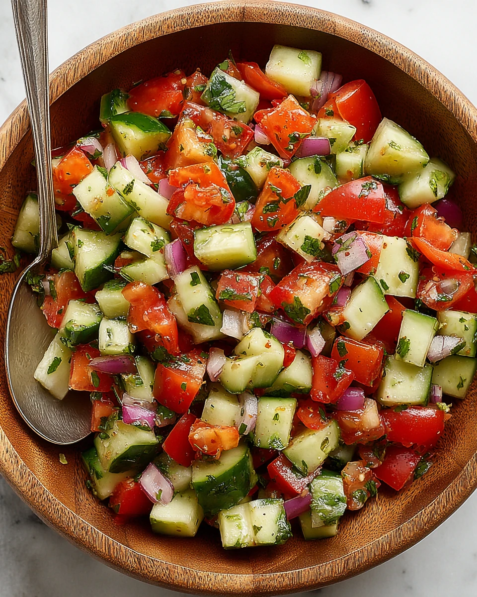 Fresh cucumber tomato salad with herbs and red onion in a wooden bowl