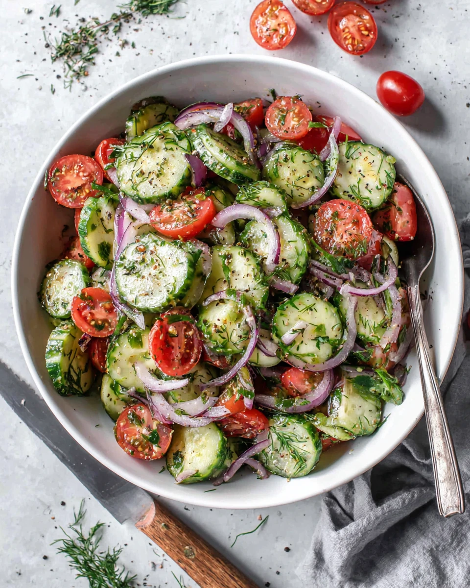 Fresh cucumber tomato salad with red onions and herbs in a white bowl