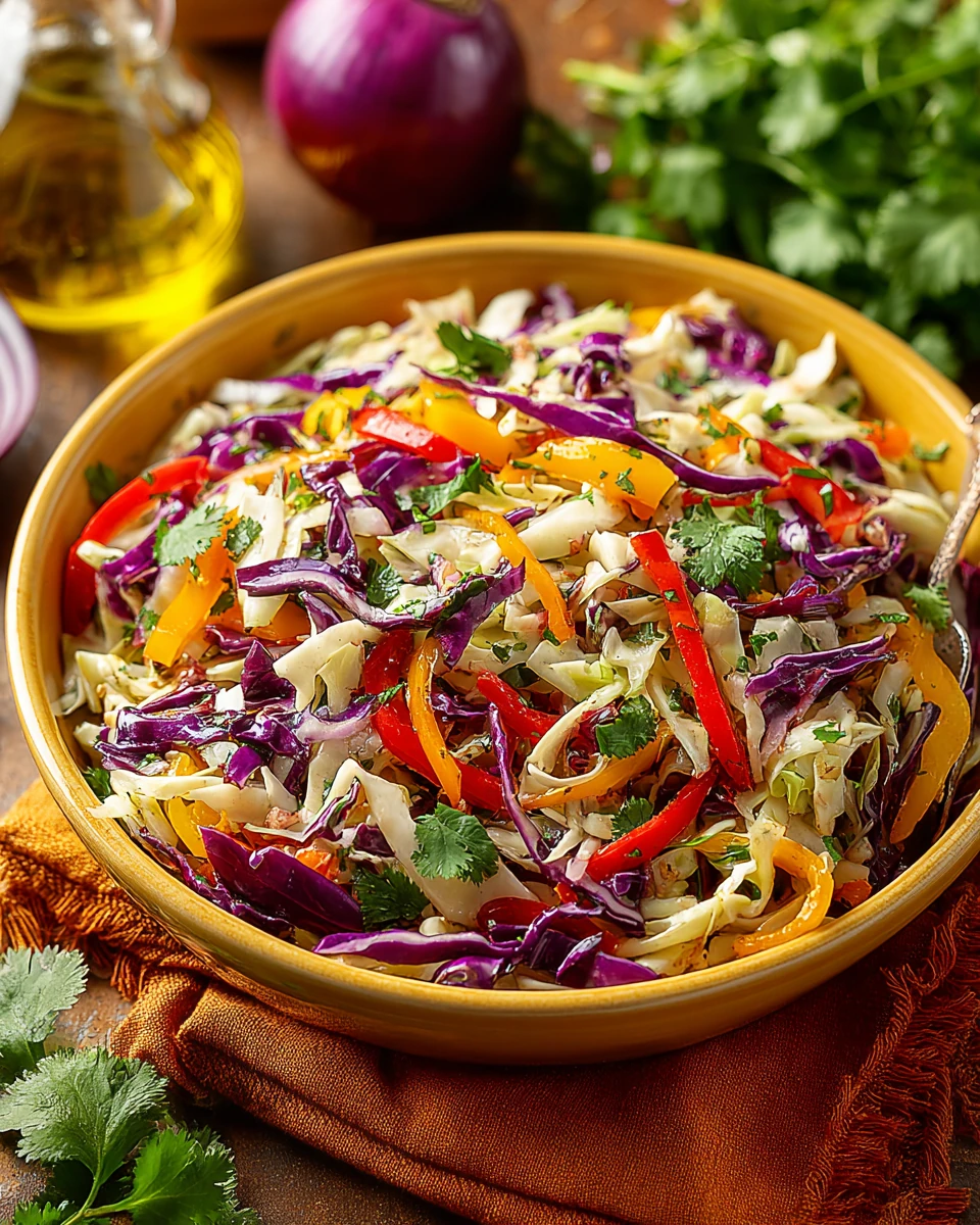 Dairy-free Mexican coleslaw with cilantro lime dressing in a yellow bowl, featuring colorful cabbage, red pepper, and fresh herbs