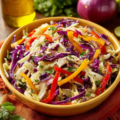 Dairy-free Mexican coleslaw with cilantro lime dressing in a yellow bowl, featuring colorful cabbage, red pepper, and fresh herbs