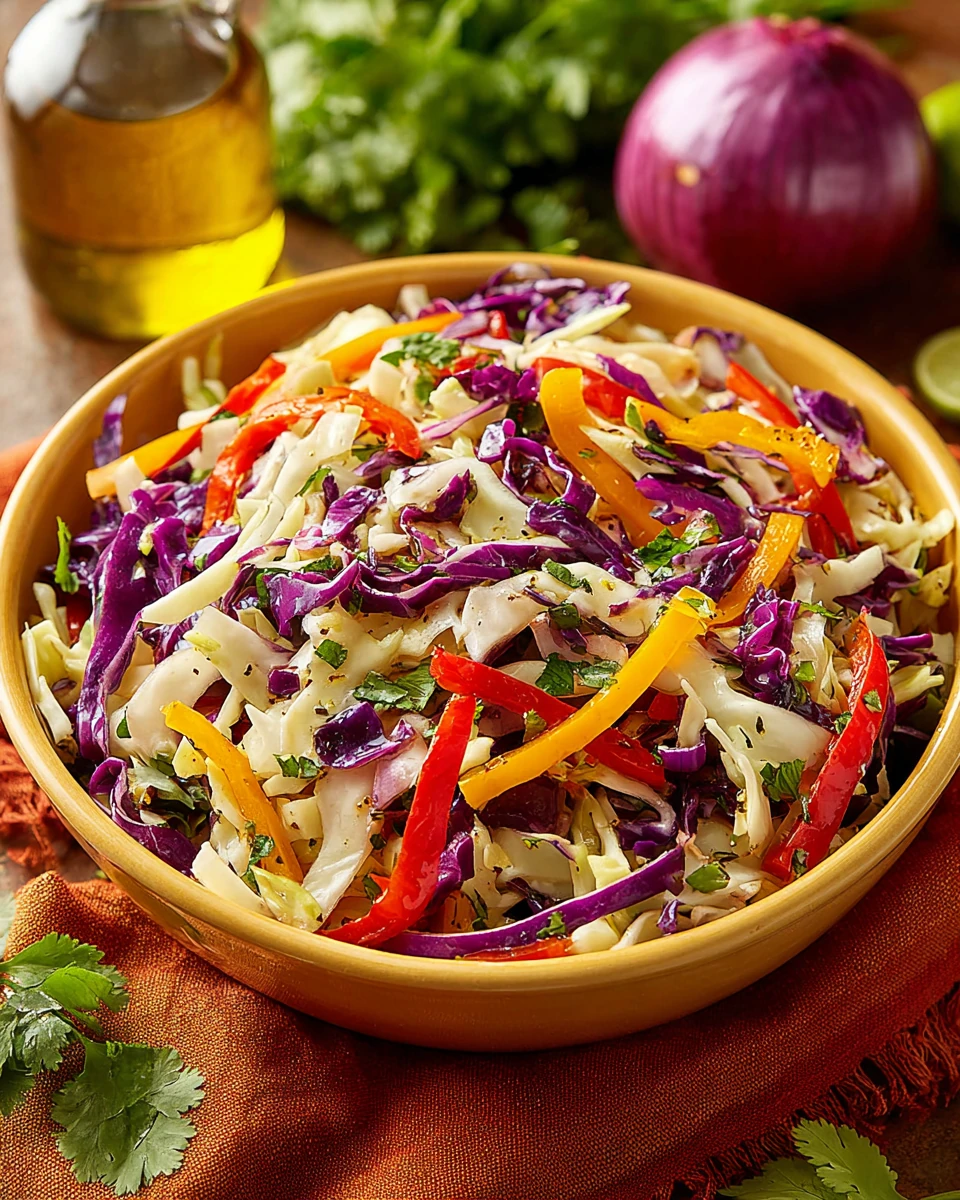 Dairy-free Mexican coleslaw with cilantro lime dressing in a yellow bowl, featuring colorful cabbage, red pepper, and fresh herbs