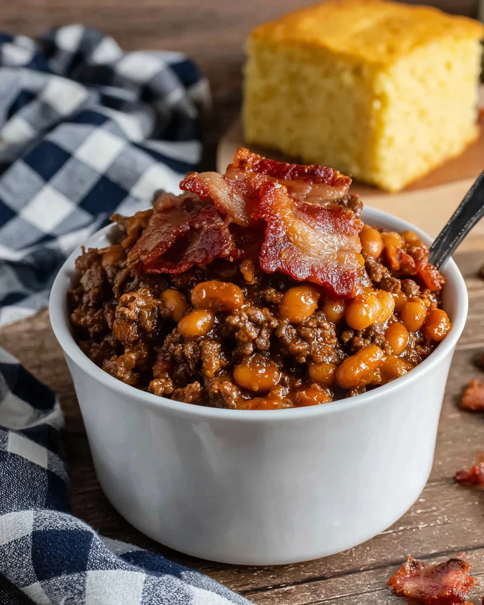 Easy baked beans with ground beef, bacon, and brown sugar in a white bowl