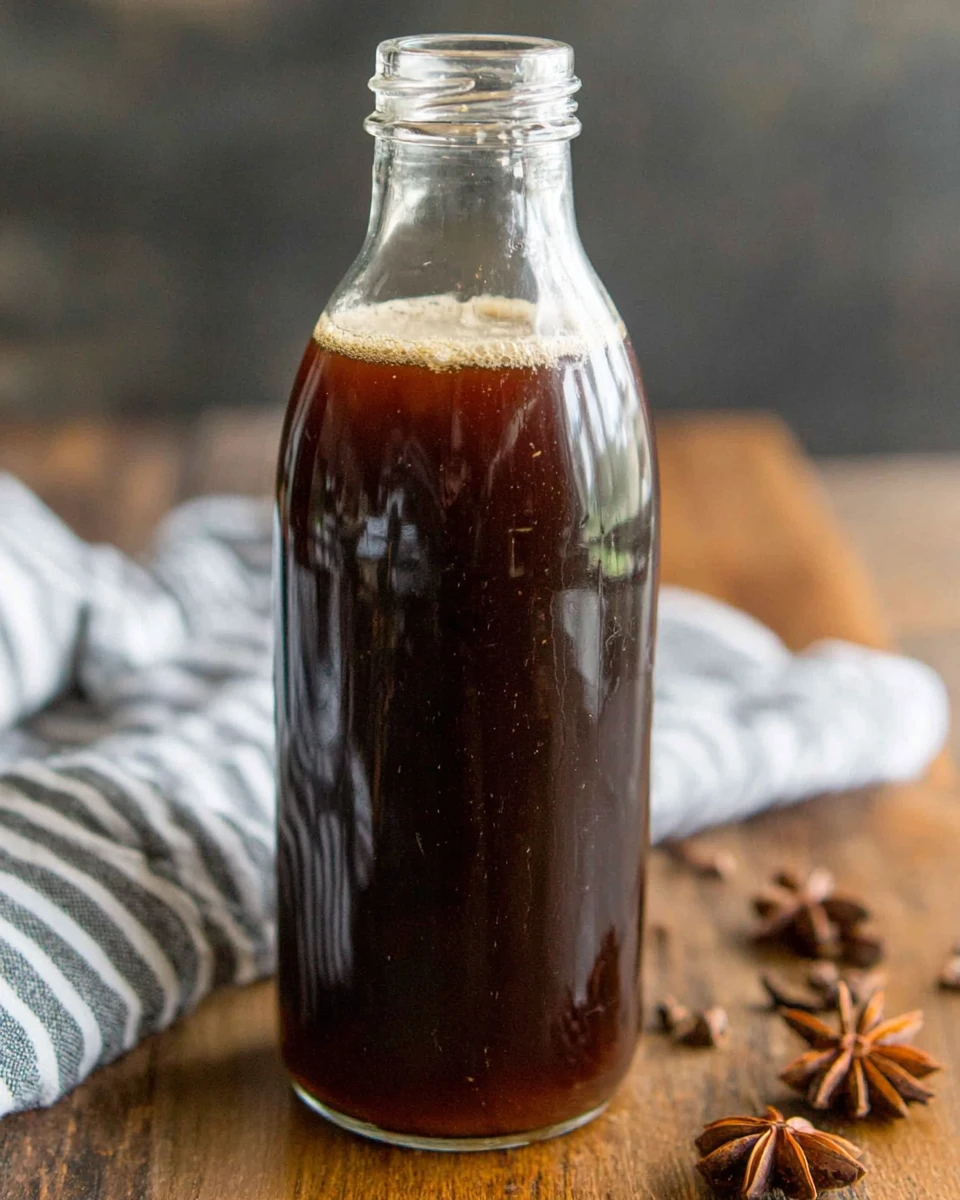 Easy chai concentrate in a glass bottle with star anise nearby