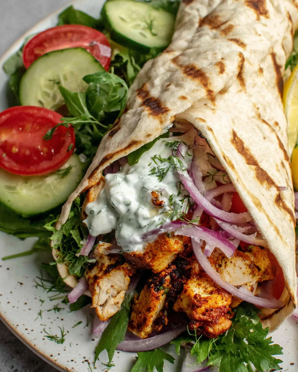 Easy chicken shawarma wrap with grilled chicken, tzatziki, and fresh veggies
