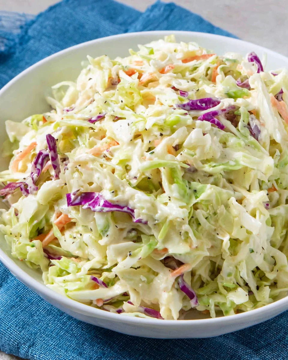 Creamy easy coleslaw with shredded cabbage and carrots in a white bowl