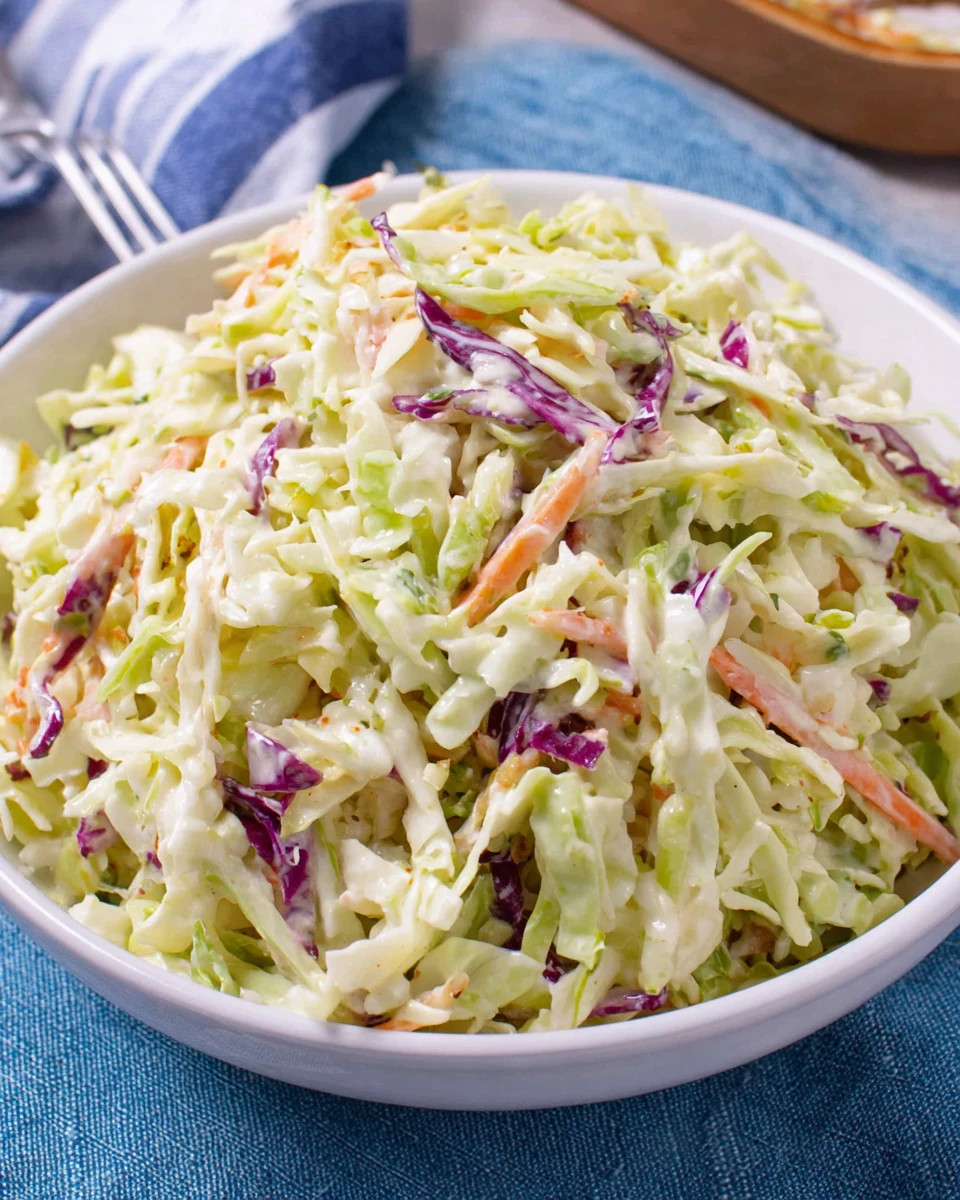 Creamy easy coleslaw with shredded cabbage and carrots in a white bowl