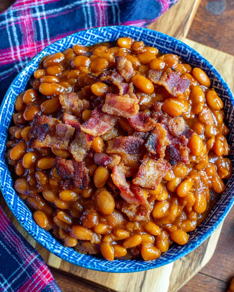 Easy crock pot baked beans with bacon in a blue bowl