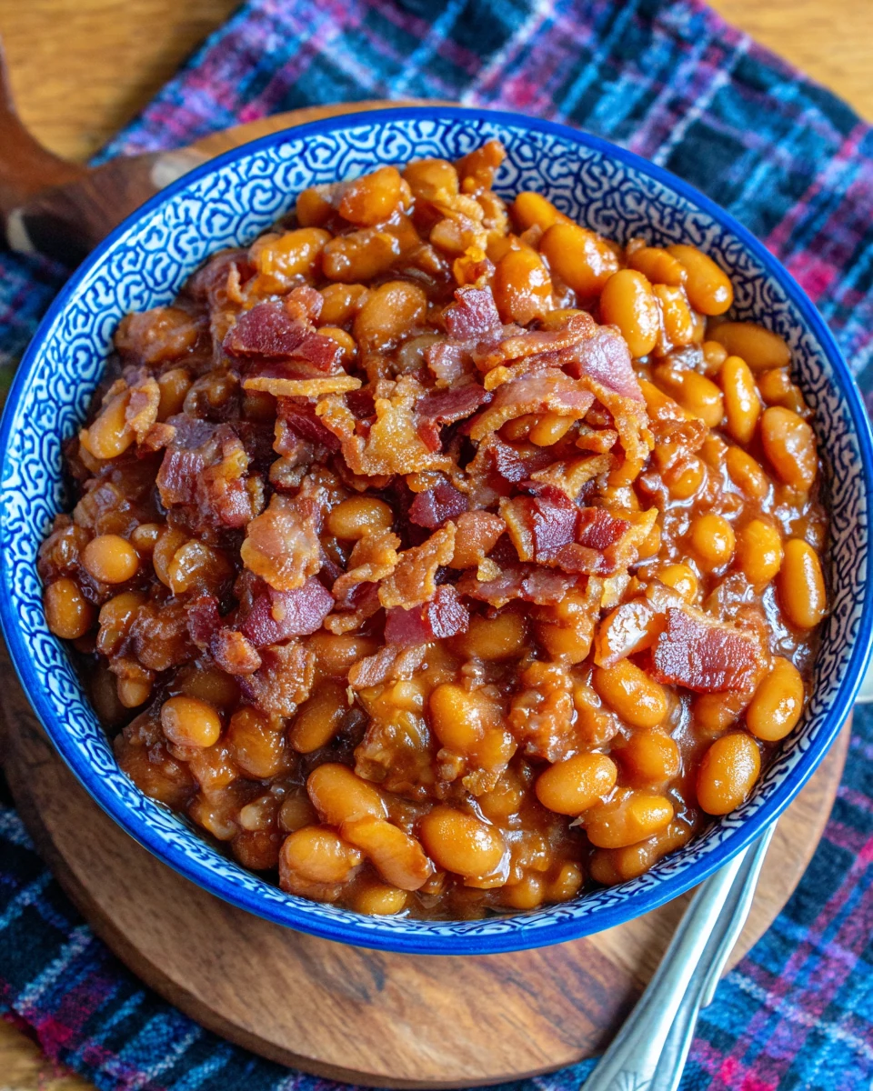Easy crock pot baked beans with bacon in a blue bowl