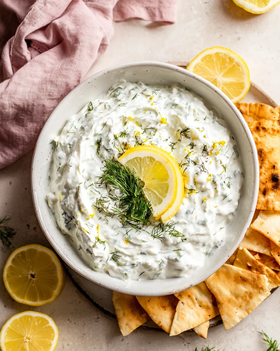 Creamy dairy-free tzatziki in a bowl with dill, lemon, and pita chips