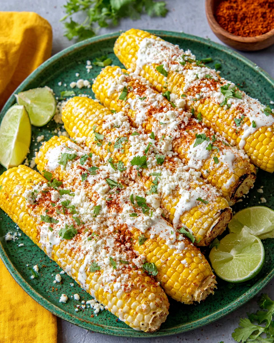 Easy Elote Recipe with Creamy Lime Sauce and Toppings Easy elote recipe with grilled corn, creamy sauce, cotija cheese, chili powder, and cilantro