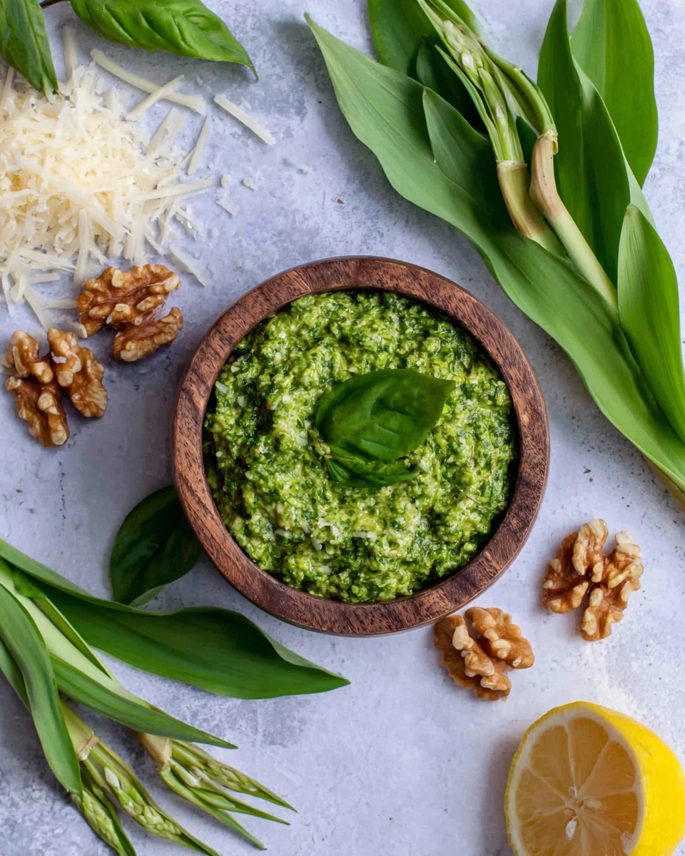 Easy garlic scape pesto in wooden bowl with fresh ingredients