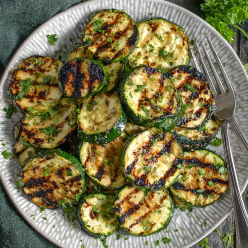 Easy grilled zucchini slices with grill marks on a white plate, garnished with parsley