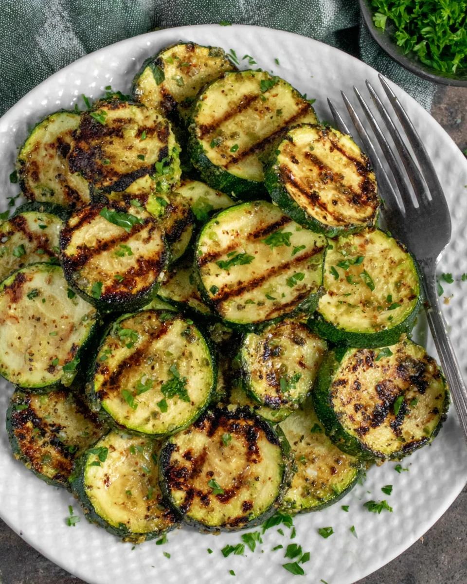 Easy grilled zucchini slices with grill marks on a white plate