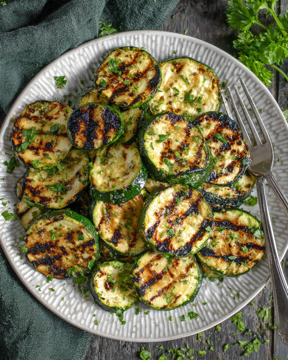 Easy grilled zucchini slices with grill marks on a white plate, garnished with parsley