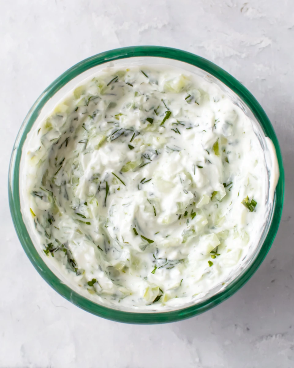 Easy homemade tzatziki sauce in a glass bowl with herbs and cucumber