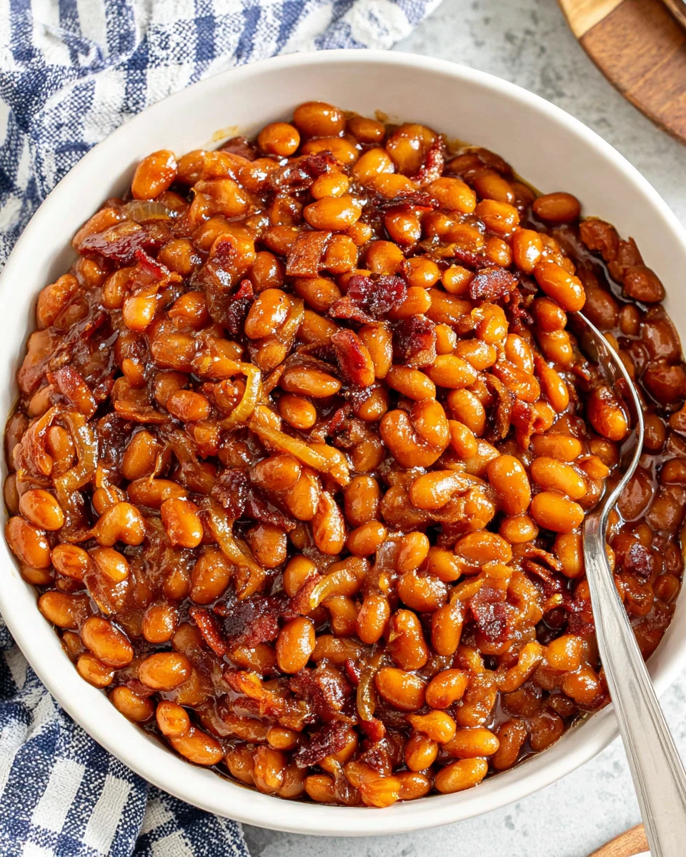 Easy instant pot baked beans in a white bowl with spoon, glossy and savory