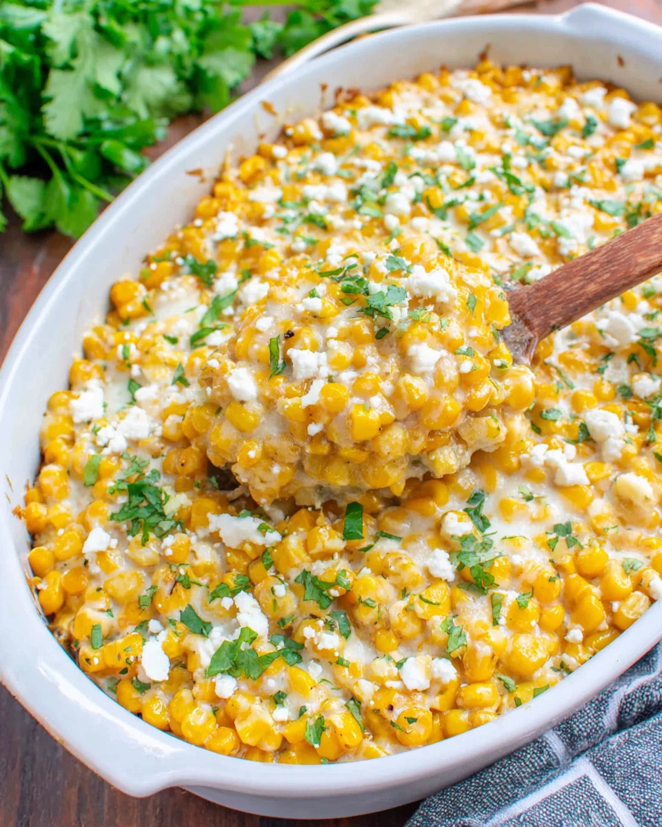 Easy Mexican Corn Dish with Queso Fresco and Cilantro Creamy easy Mexican corn dish with cheese and cilantro in a white baking dish