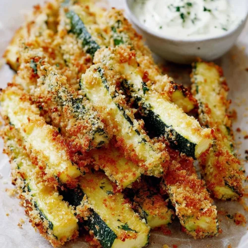Crispy easy parmesan zucchini fries with ranch dressing on a baking sheet