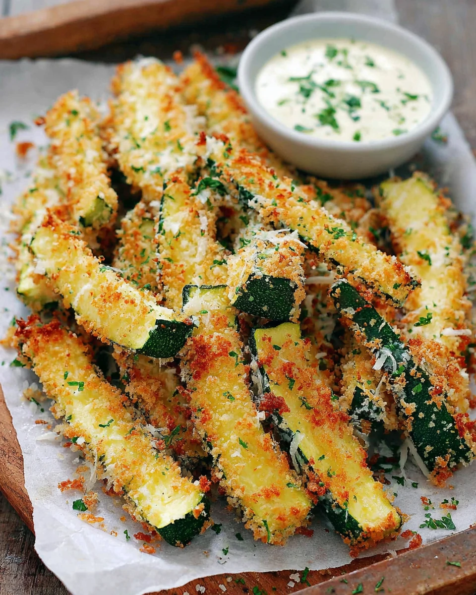 Crispy easy parmesan zucchini fries with ranch dressing on a baking sheet