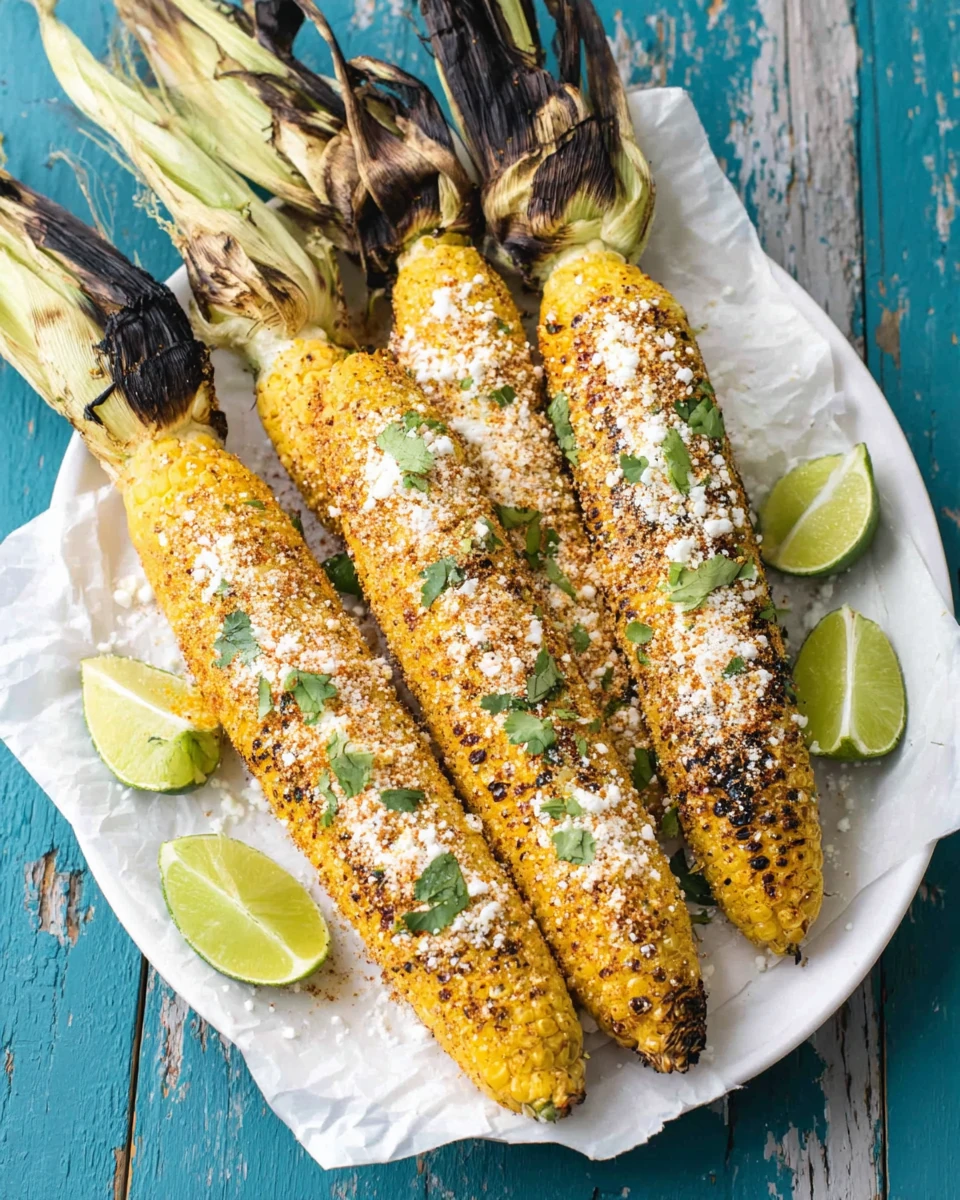 Grilled elotes with cheese, cilantro, and lime on a plate