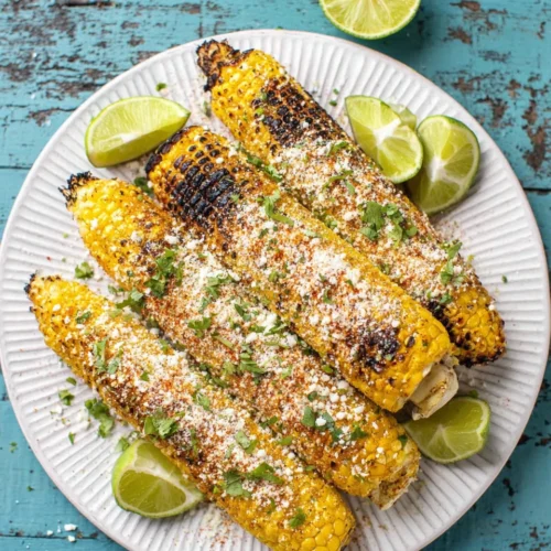 Grilled elotes with cotija cheese, cilantro, and lime on a white plate