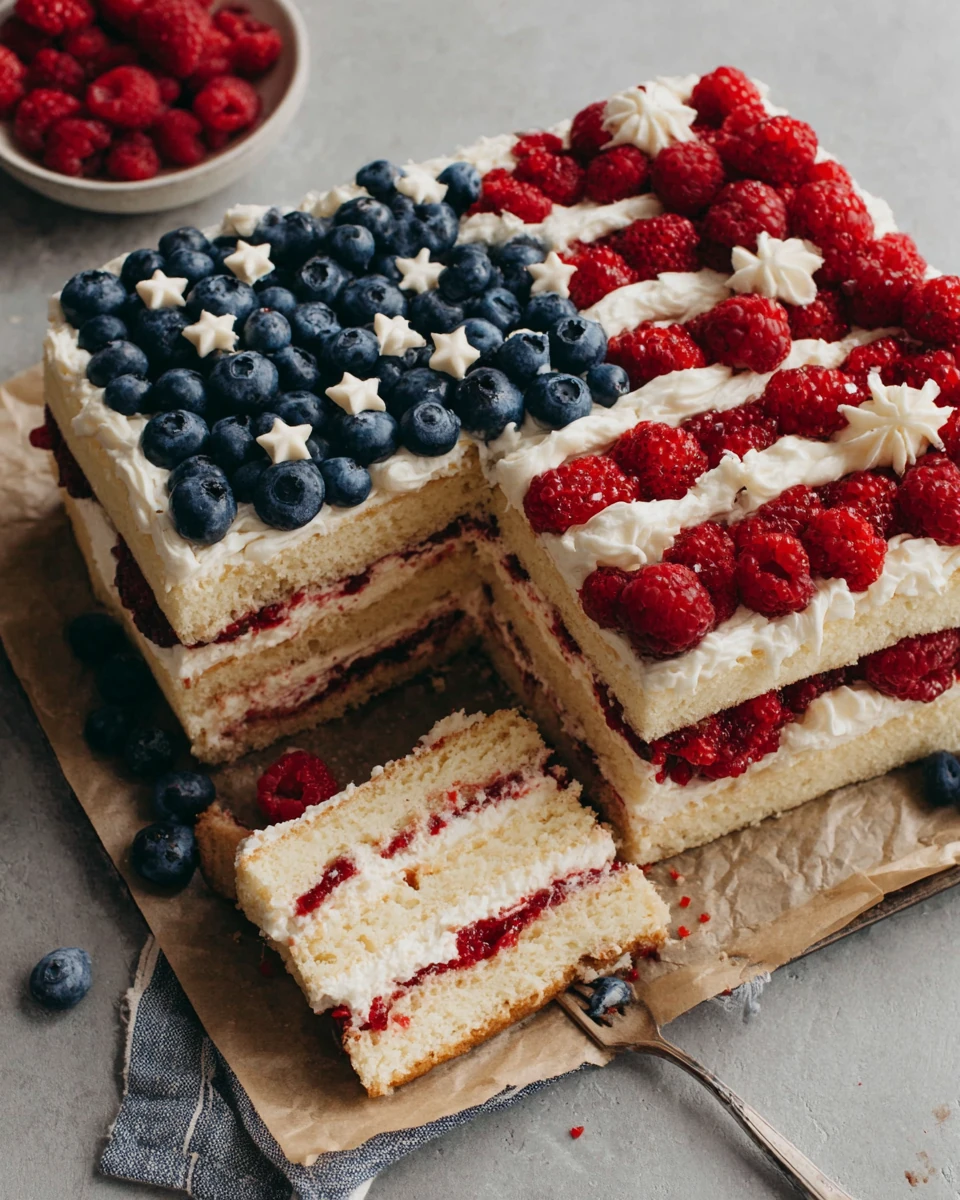 Flag cake with red, white, and blue berries arranged like the American flag