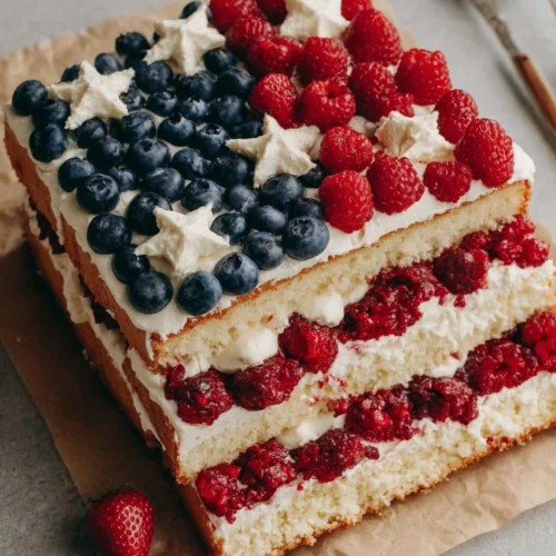 Flag cake with red, white, and blue berries arranged like the American flag