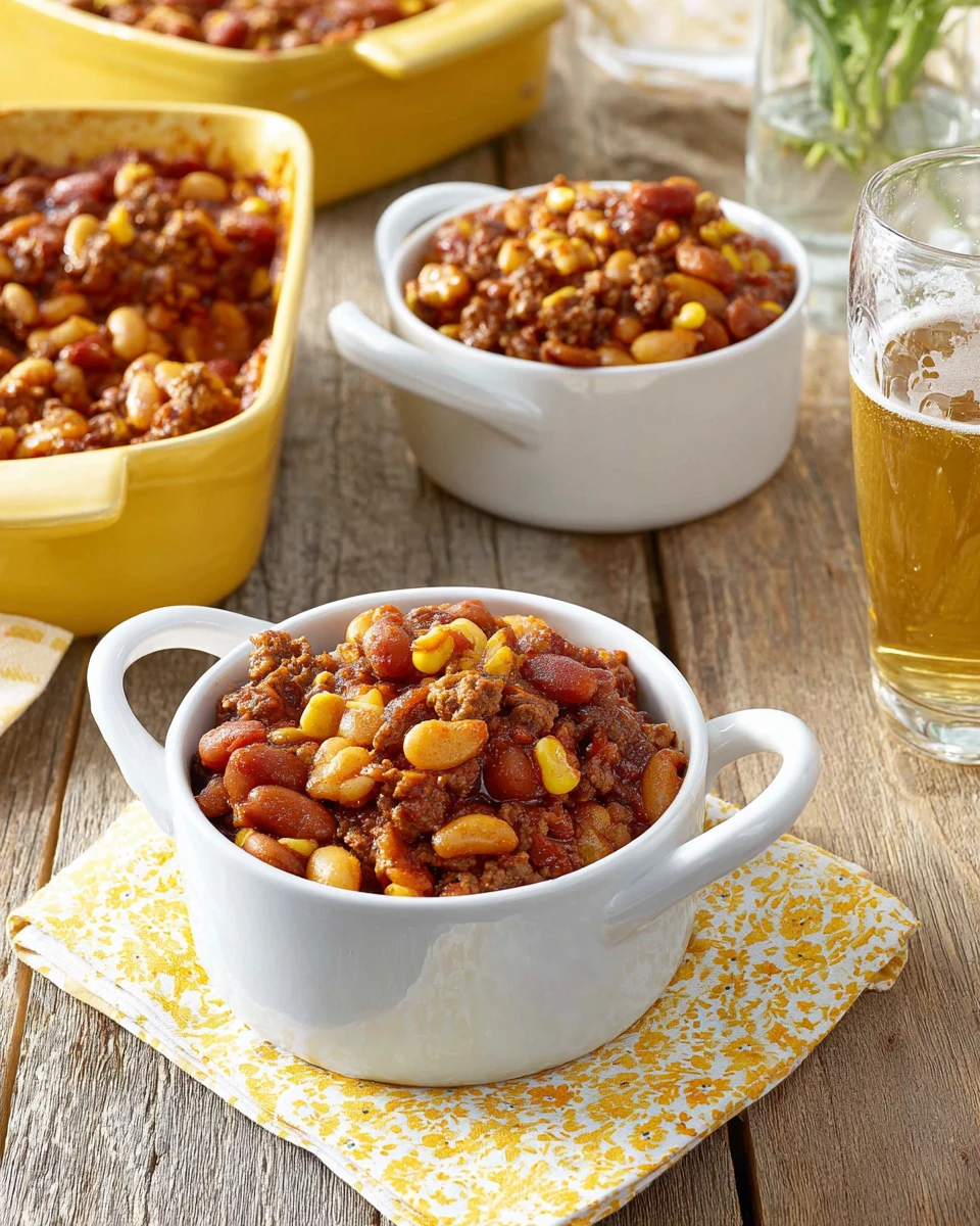 Fourth of July bean casserole in white bowls with beer, served on a wooden table