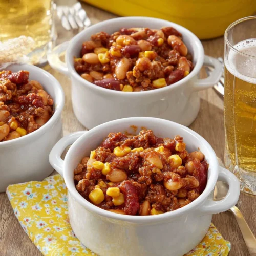 Fourth of July bean casserole in white bowls with beer, served on a wooden table