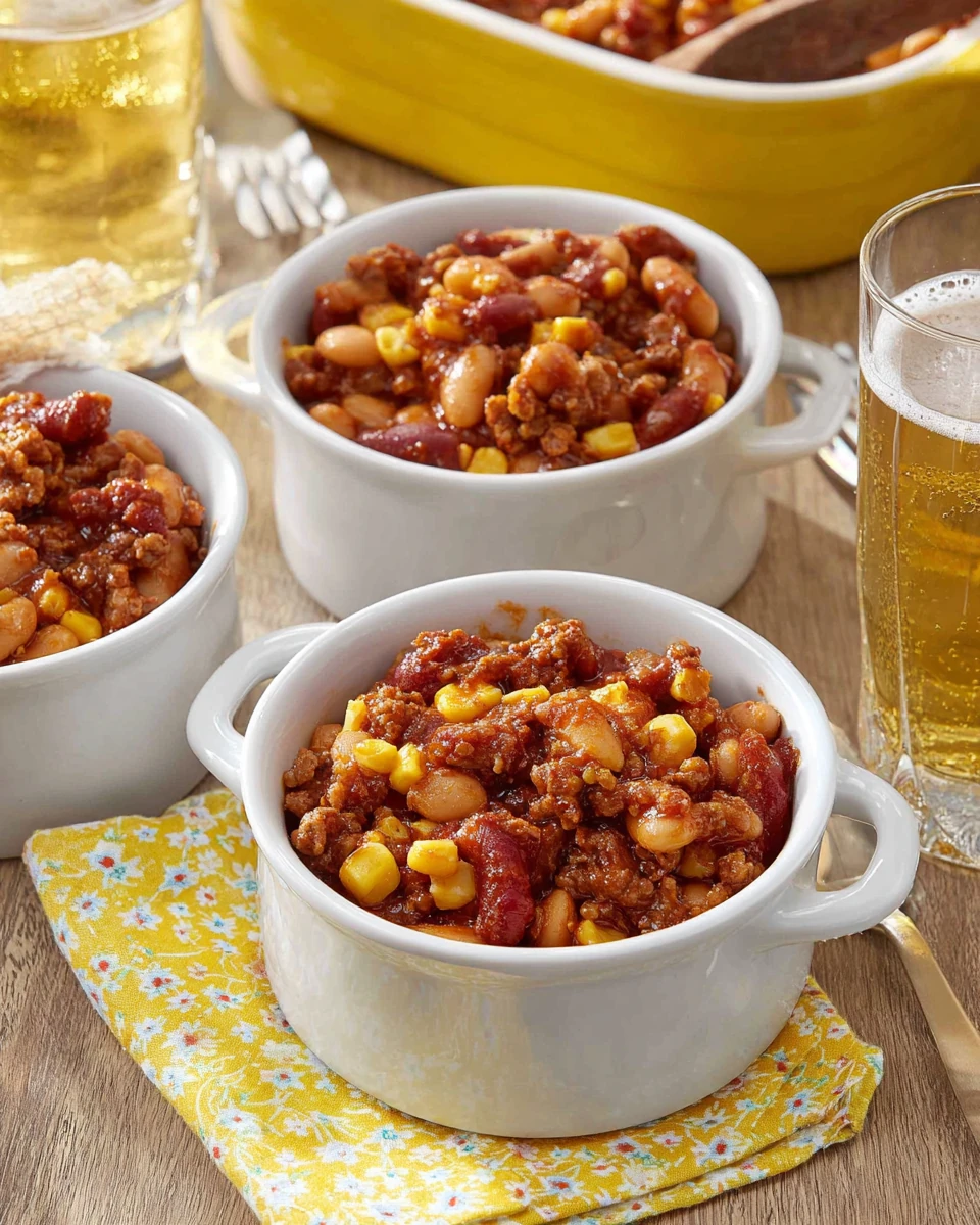 Fourth of July bean casserole in white bowls with beer, served on a wooden table
