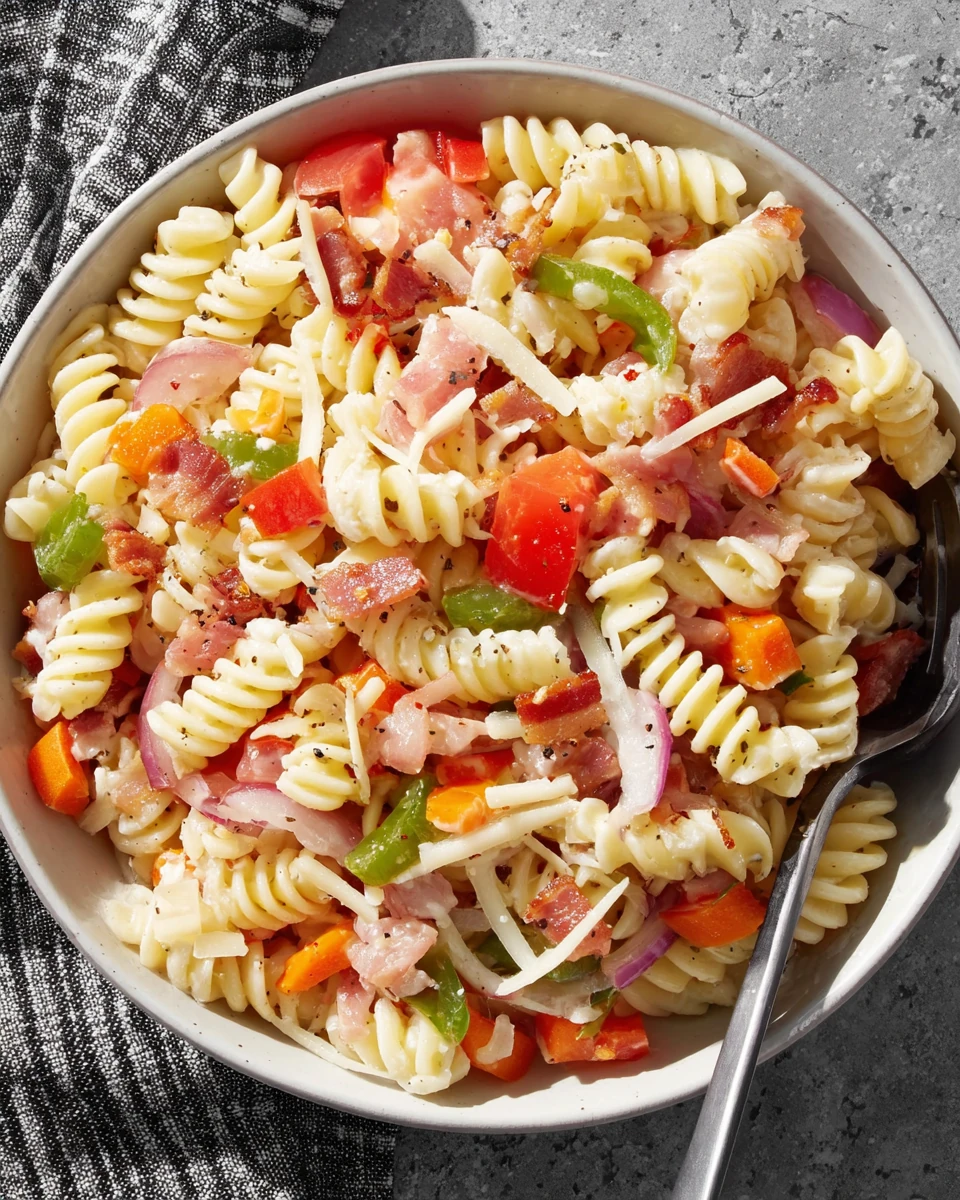 Fourth of July pasta salad with rotini, veggies, and bacon in a white bowl