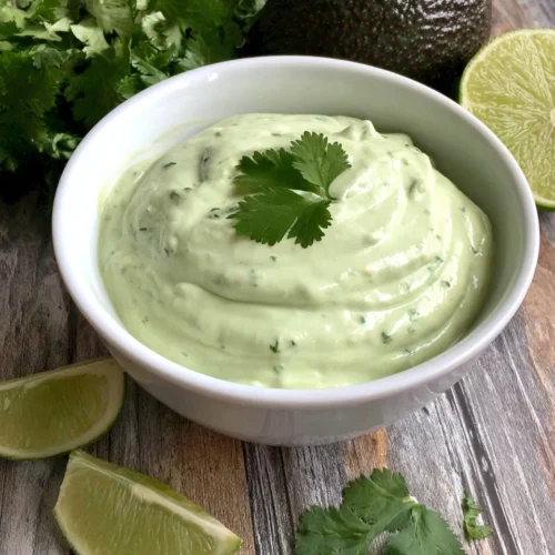 Fresh avocado cream sauce in a white bowl with cilantro, lime, and avocado