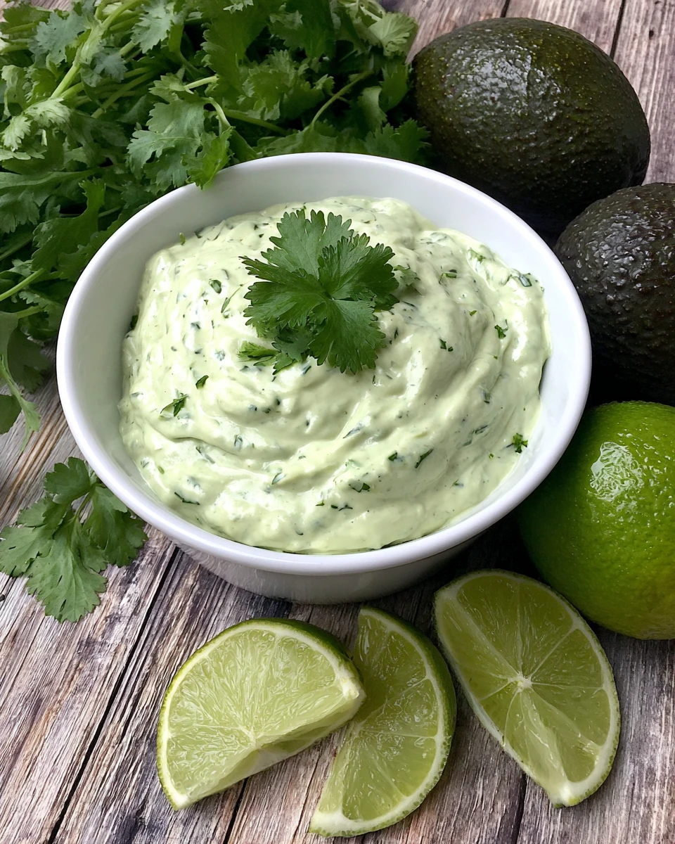 Fresh avocado cream sauce in a white bowl with cilantro, lime, and avocado