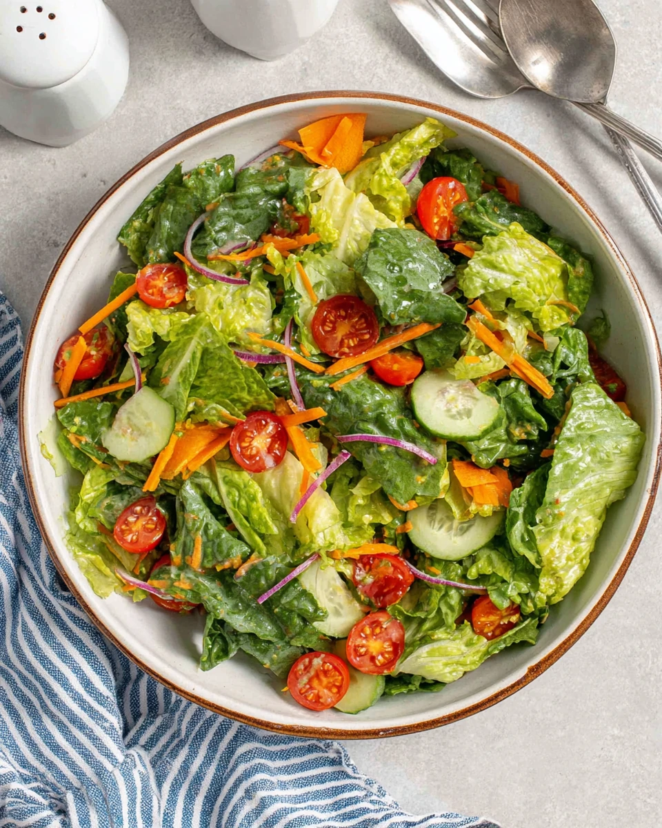 Fresh garden salad with romaine, tomatoes, cucumbers, carrots, and red onion in a white bowl