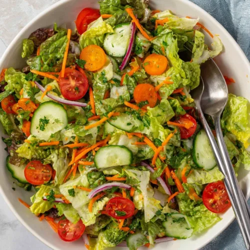 Fresh garden salad with romaine, tomatoes, cucumbers, carrots, and red onion in a white bowl