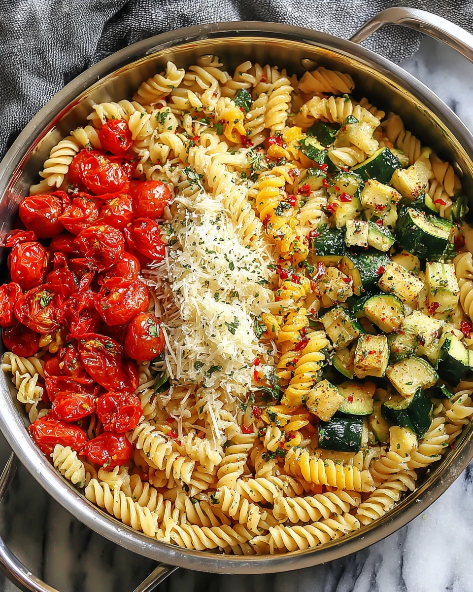 Fresh garden tomato zucchini pasta with fusilli, roasted tomatoes, zucchini, and Parmesan in a skillet