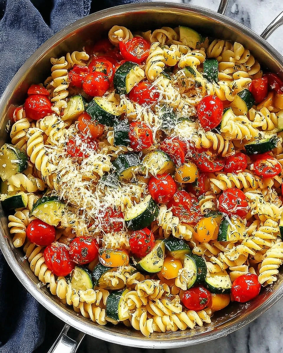 Fresh garden tomato zucchini pasta with fusilli, zucchini, tomatoes, and Parmesan in a skillet