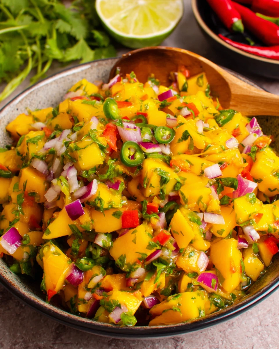 Fresh mango salsa with diced mango, red onion, bell pepper, and cilantro in a white bowl