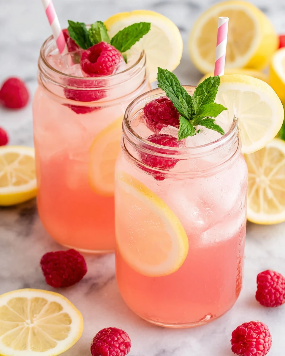 Fresh raspberry lemonade in mason jars with lemon slices, raspberries, and mint garnish