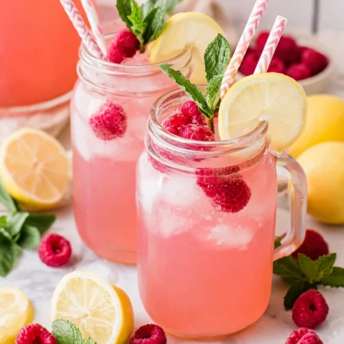 Fresh raspberry lemonade in mason jars with lemon slices and mint garnish