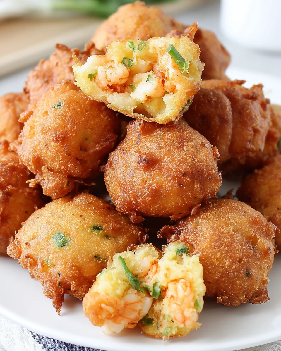 Crispy fried shrimp hush puppies with visible shrimp and herbs, served on a plate