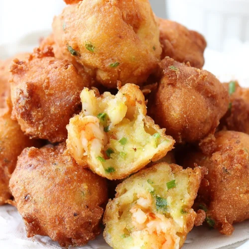 Crispy fried shrimp hush puppies with visible shrimp and herbs, served on a plate