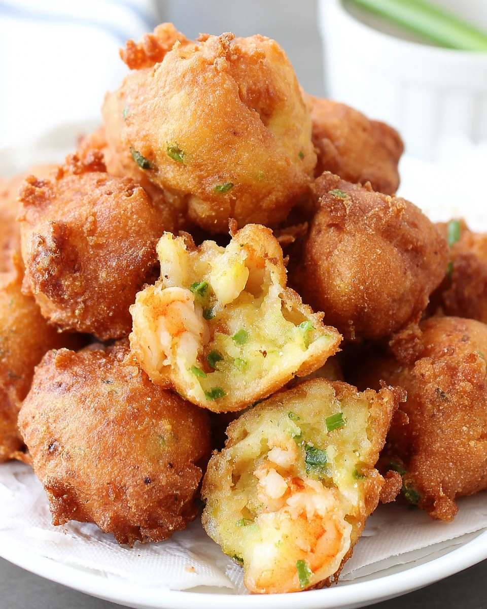 Crispy fried shrimp hush puppies with visible shrimp and herbs, served on a plate