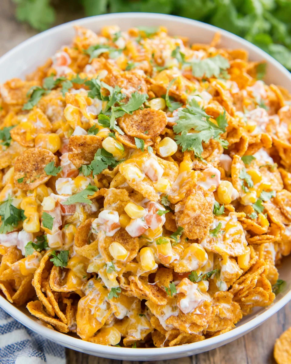 Creamy Fritos corn salad with corn, cheese, and crushed Fritos in a white bowl