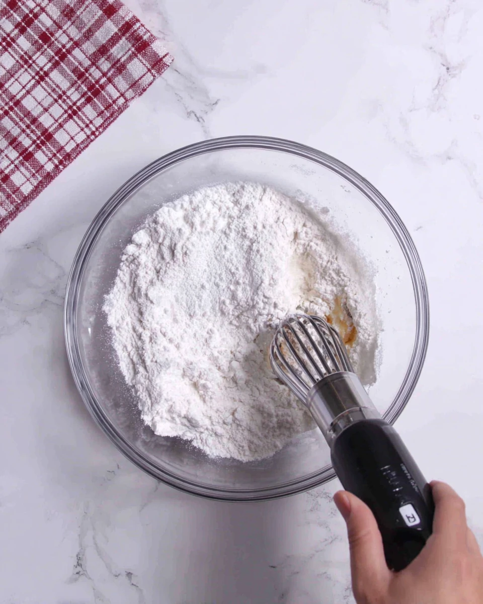 Cream cheese and powdered sugar being mixed in a glass bowl for fruit dip