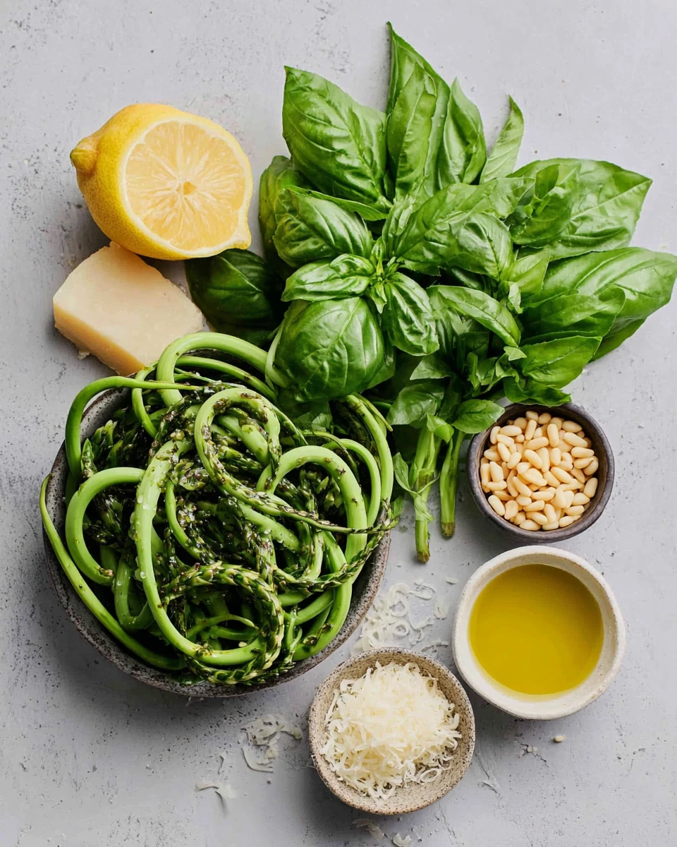 Fresh garlic scapes, basil, lemon, pine nuts, and Parmesan for garlic scape pesto